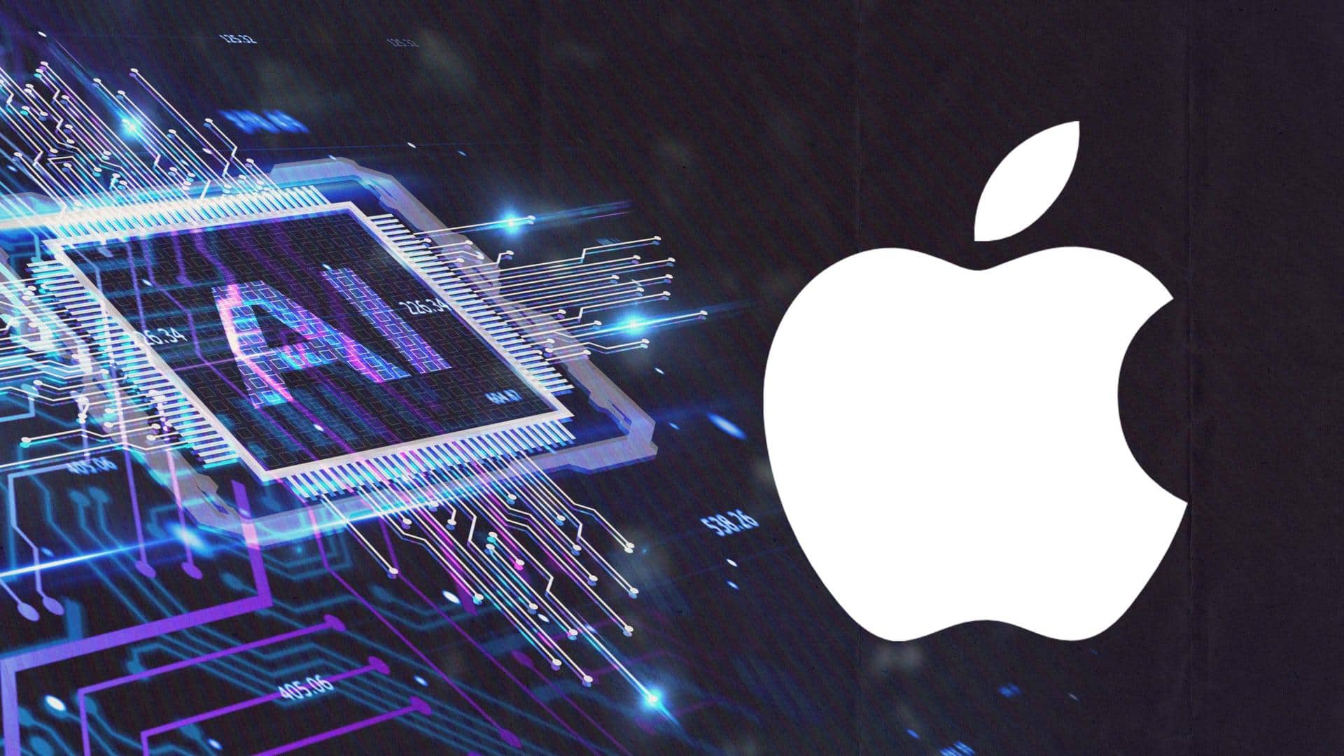 A modern digital artwork depicting the theme of Apple artificial intelligence, featuring a fragmented iPhone and abstract tech patterns.