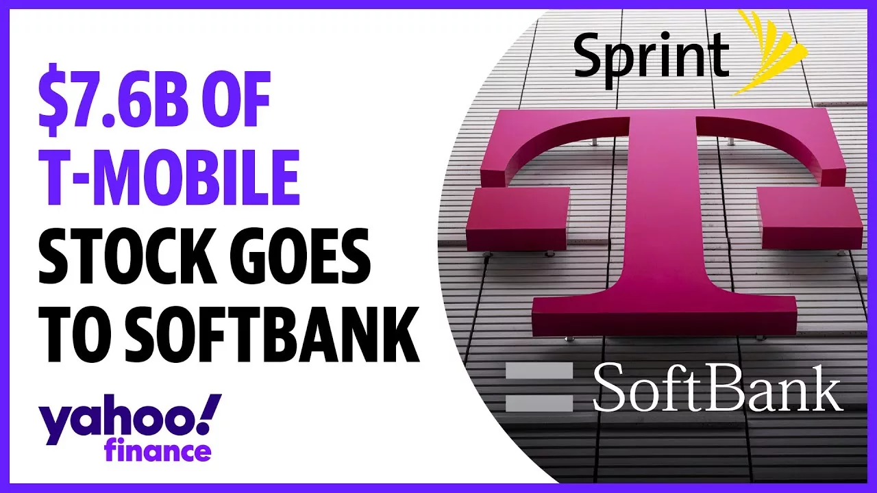A modern and aesthetic graphic illustrating investment strategies for SoftBank and T-Mobile stocks.