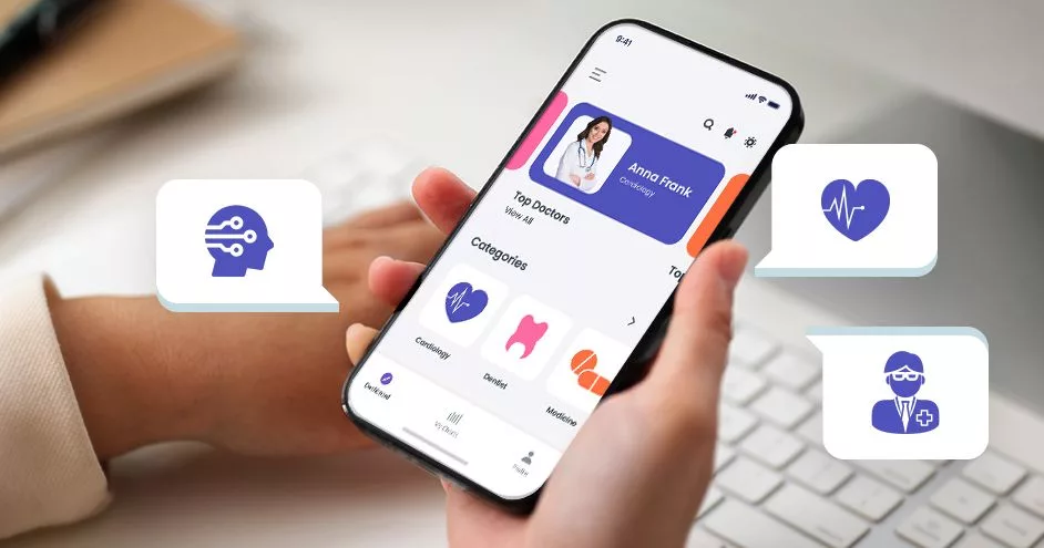 A modern and aesthetic graphic representing Apple's AI Health Assistant and the Mulberry Project delay, showcasing a blend of technology and health elements.