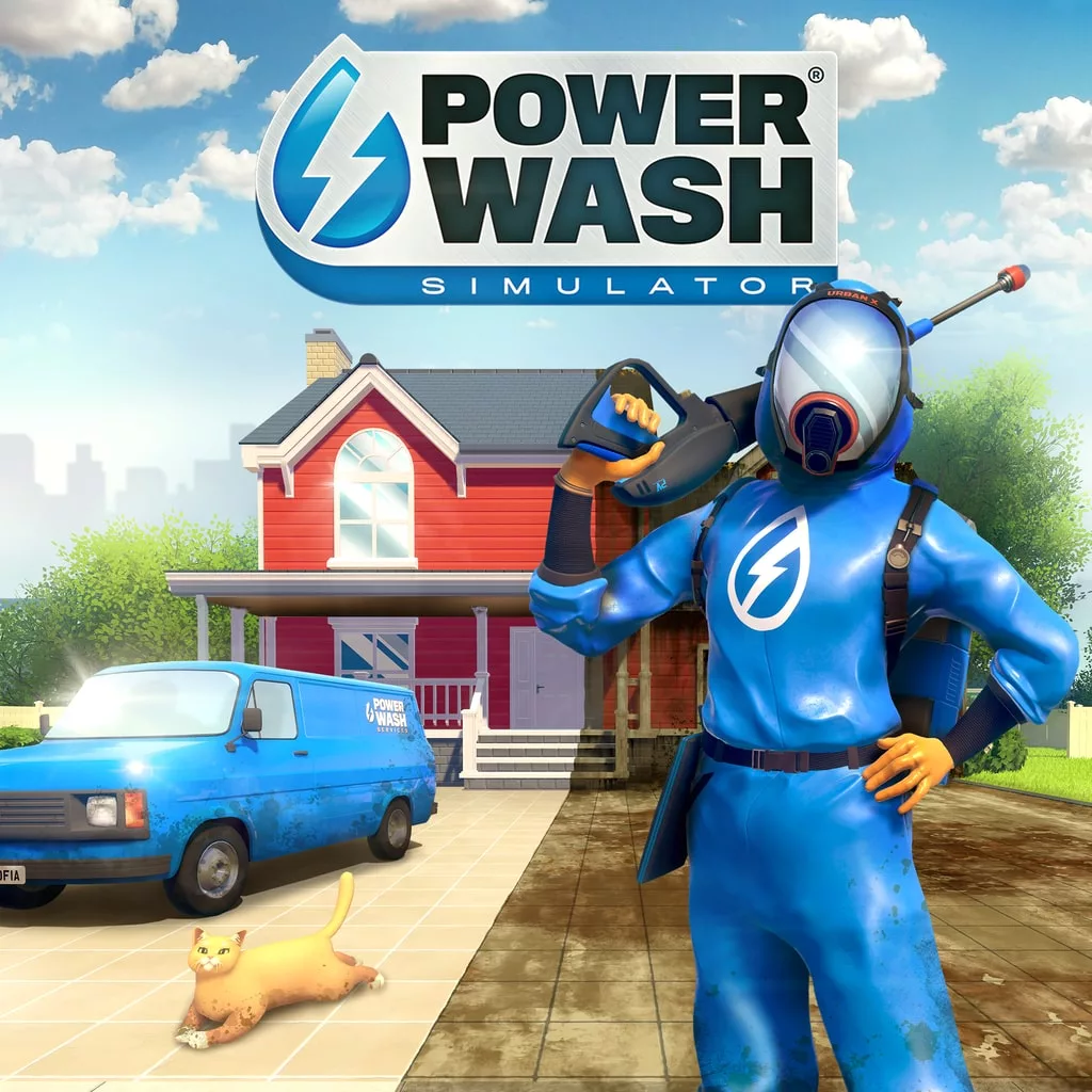 A vibrant and modern visual for PowerWash Simulator showcasing a power washer in action with sparkling clean surfaces, suitable for social media.