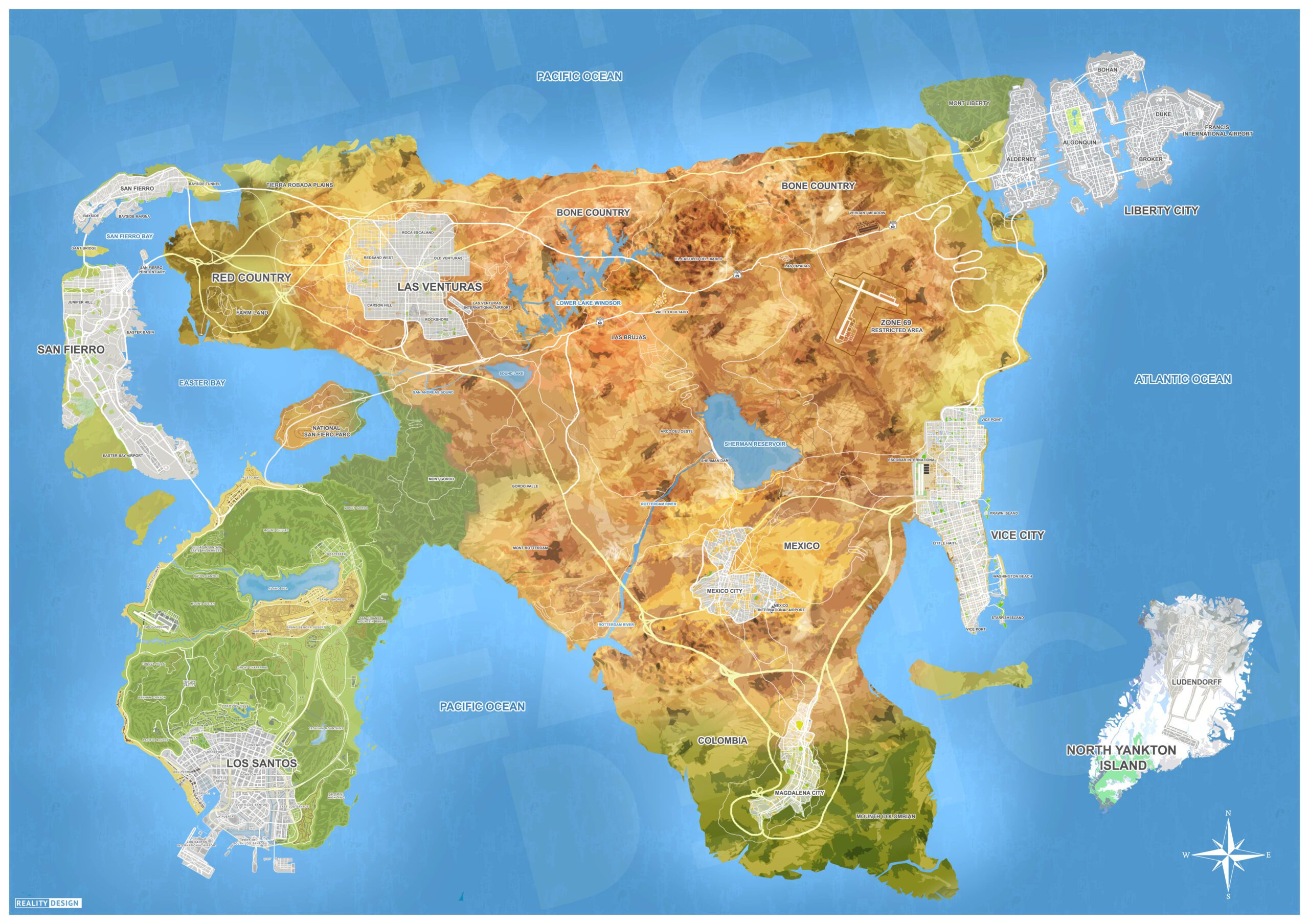 Artistic representation of GTA 6 map with Take-Two's mod intervention, showcasing a vibrant and futuristic gaming landscape.