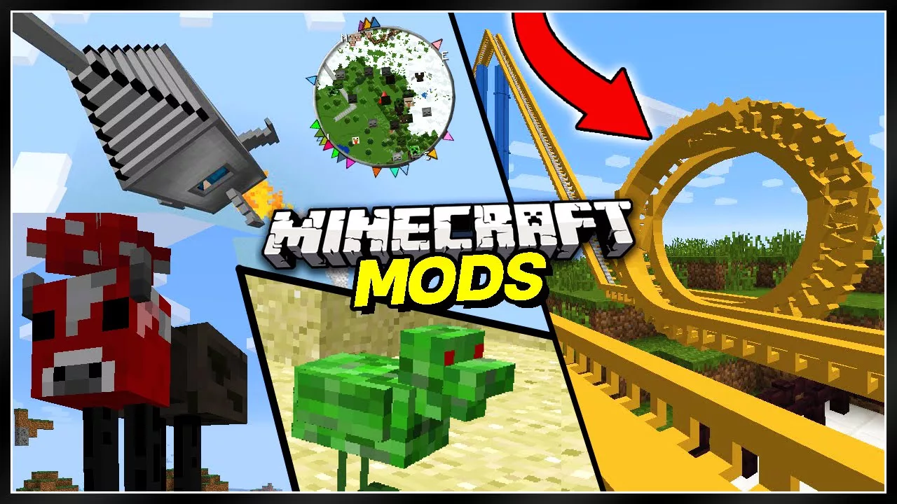 High-quality graphic design representing Minecraft Mod and new multiplayer experience with 100,000 players, featuring iconic Minecraft elements and a technological theme.
