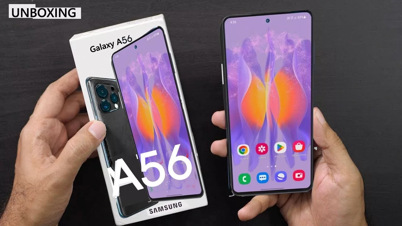 Comparison graphic of Galaxy A56 5G and Pixel 9a highlighting their features in a modern aesthetic design.