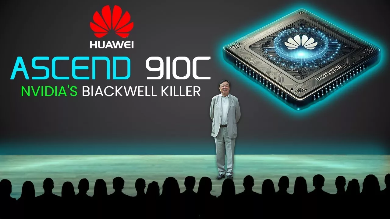 Futuristic visual of the Huawei Ascend 910C chip showcasing advanced technology.