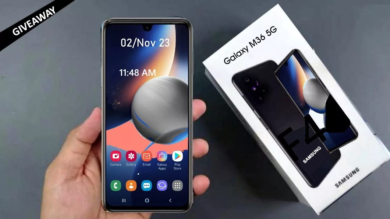 Digital artwork of the Samsung Galaxy M36 smartphone showcasing its sleek design and Exynos 1380 processor in a modern technological setting.