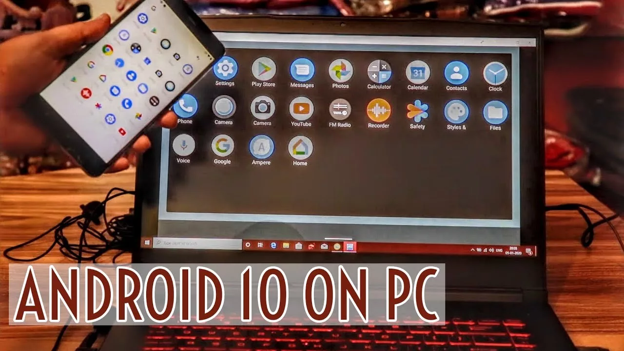 A digital artwork showcasing Android Desktop Mode with a futuristic smartphone and workspace environment.