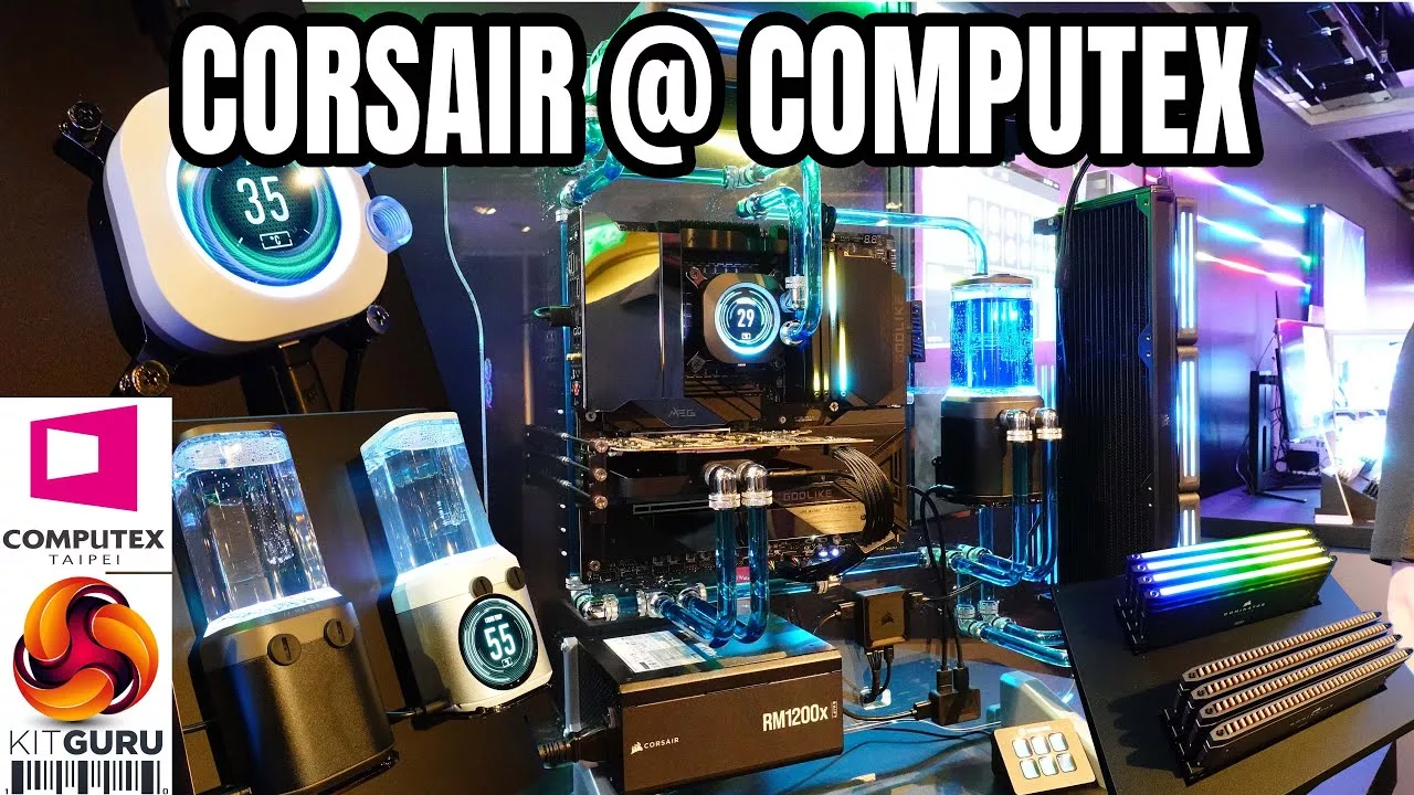 Corsair hardware innovations at Computex 2023 featuring futuristic gaming peripherals and advanced technology displays.