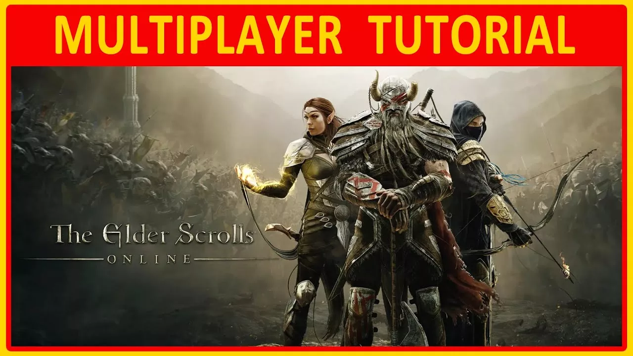 Modern graphic depicting cross-play in Elder Scrolls Online with fantasy and technology elements.