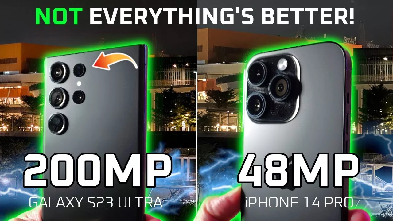 A modern iPhone featuring a 200MP camera lens, highlighting the technology competition with Samsung in a sleek, futuristic setting.