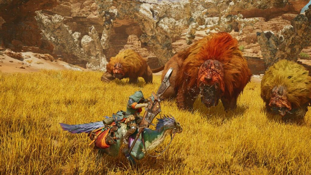 A vibrant and dynamic illustration for Monster Hunter Wilds featuring a hunter and various fantastical monsters in a lush wilderness.