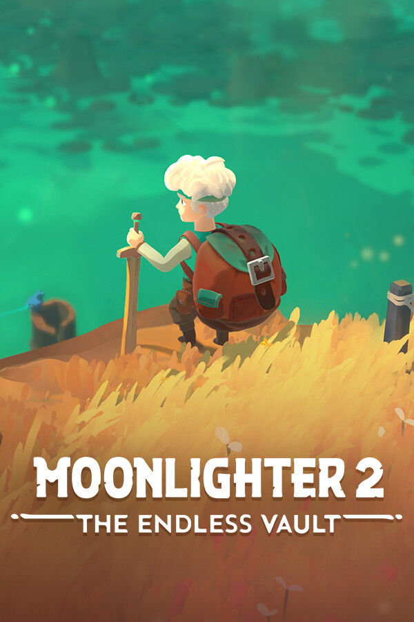 A vibrant and modern visual design representing Moonlighter 2 and its Infinite Treasure expansion, featuring fantasy landscapes and pixel-art characters.