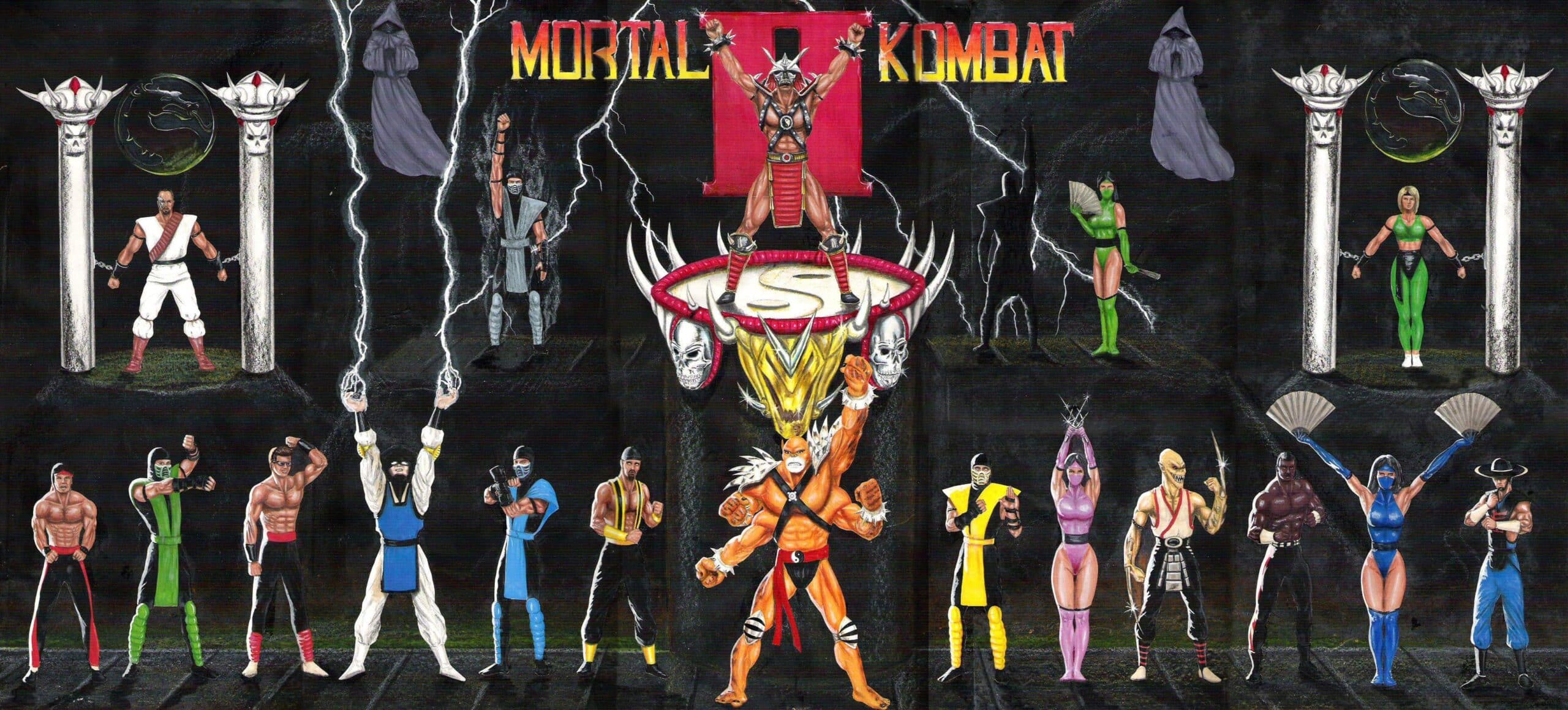 A modern aesthetic digital artwork inspired by Mortal Kombat 2 with innovative character designs and a dynamic background.