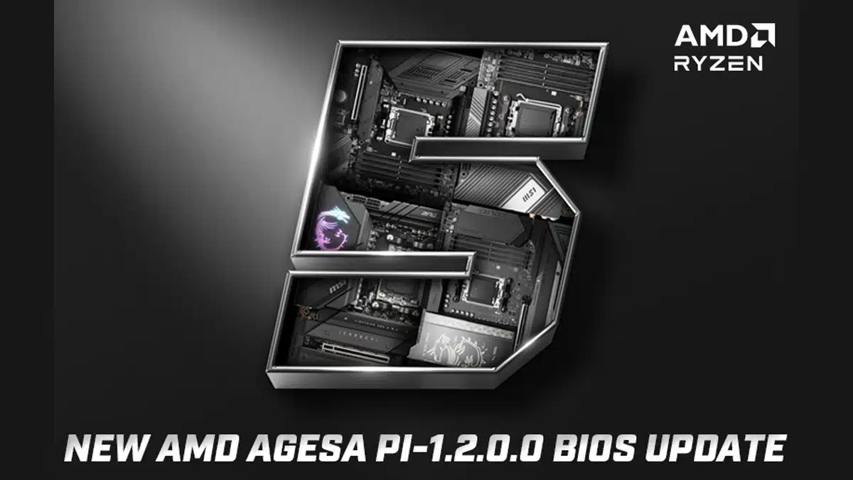 Modern digital artwork representing AMD AGESA 1.2.0.3C BIOS and Ryzen 9000 security features.