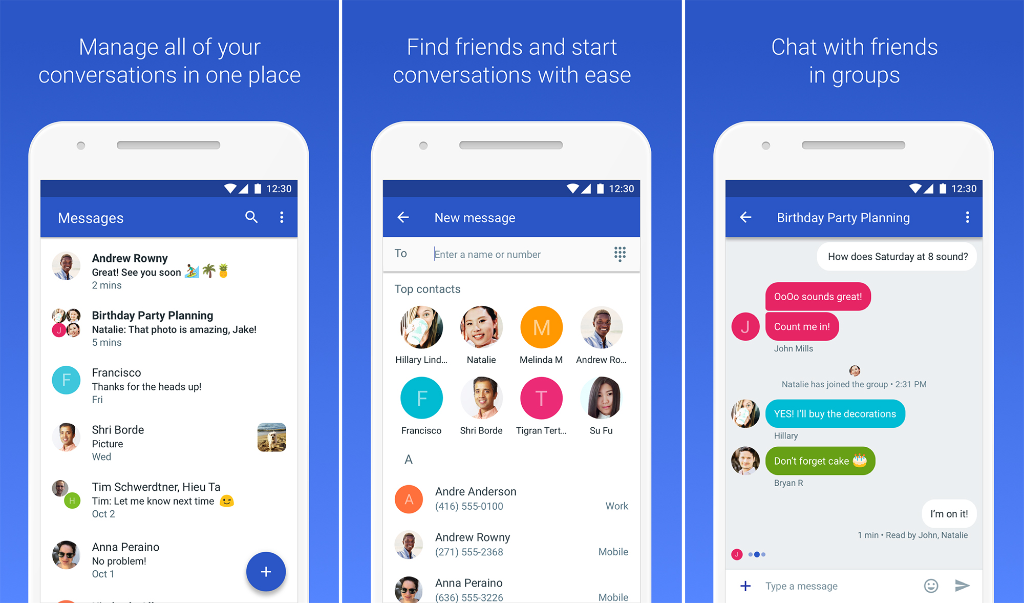A vibrant illustration of Google Messages group chat featuring colorful speech bubbles and a futuristic digital design.
