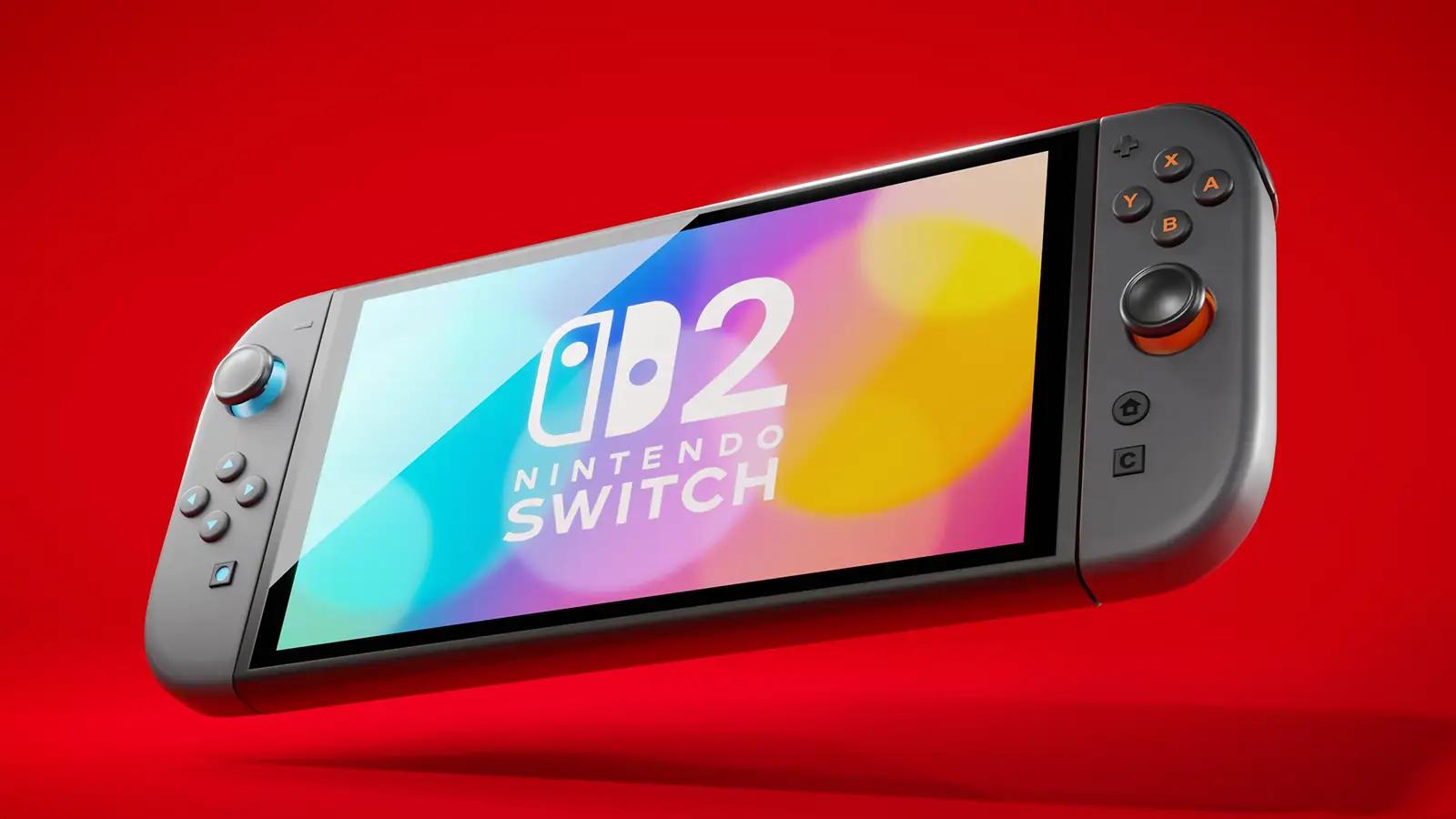 Futuristic illustration of a Nintendo Switch 2 console featuring Samsung SEC8N chip in a vibrant digital environment.