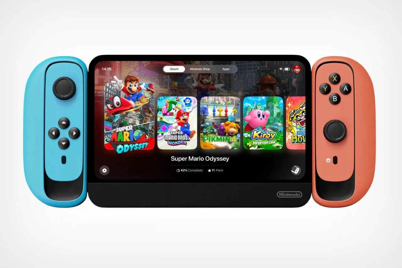 Futuristic design of Nintendo Switch 2 gaming console with a digital landscape, emphasizing modern gaming technology.