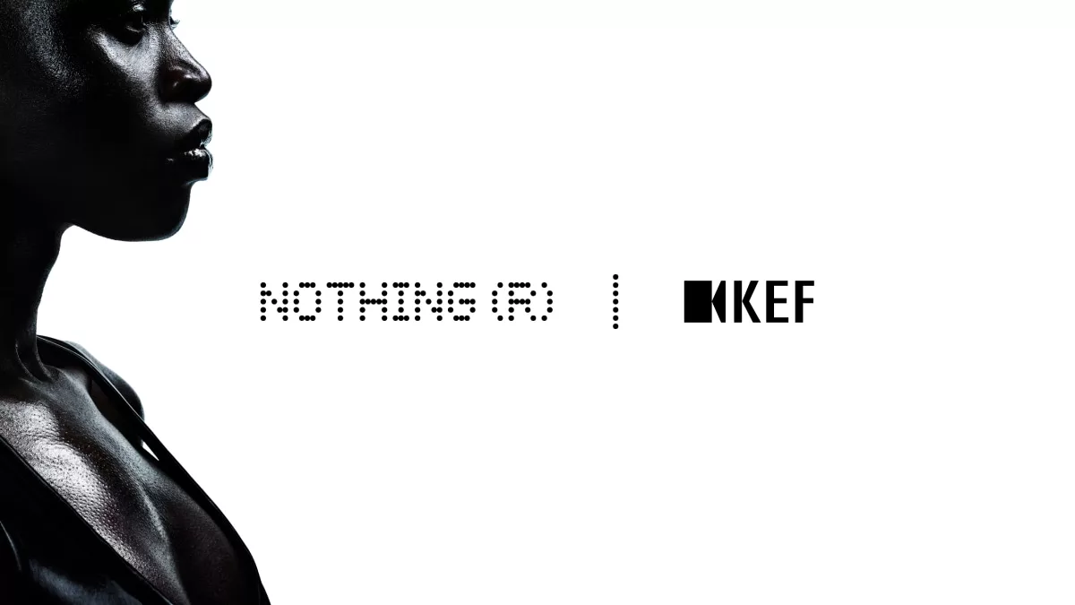 A modern graphic design representing the collaboration between Nothing and KEF, featuring new audio products.