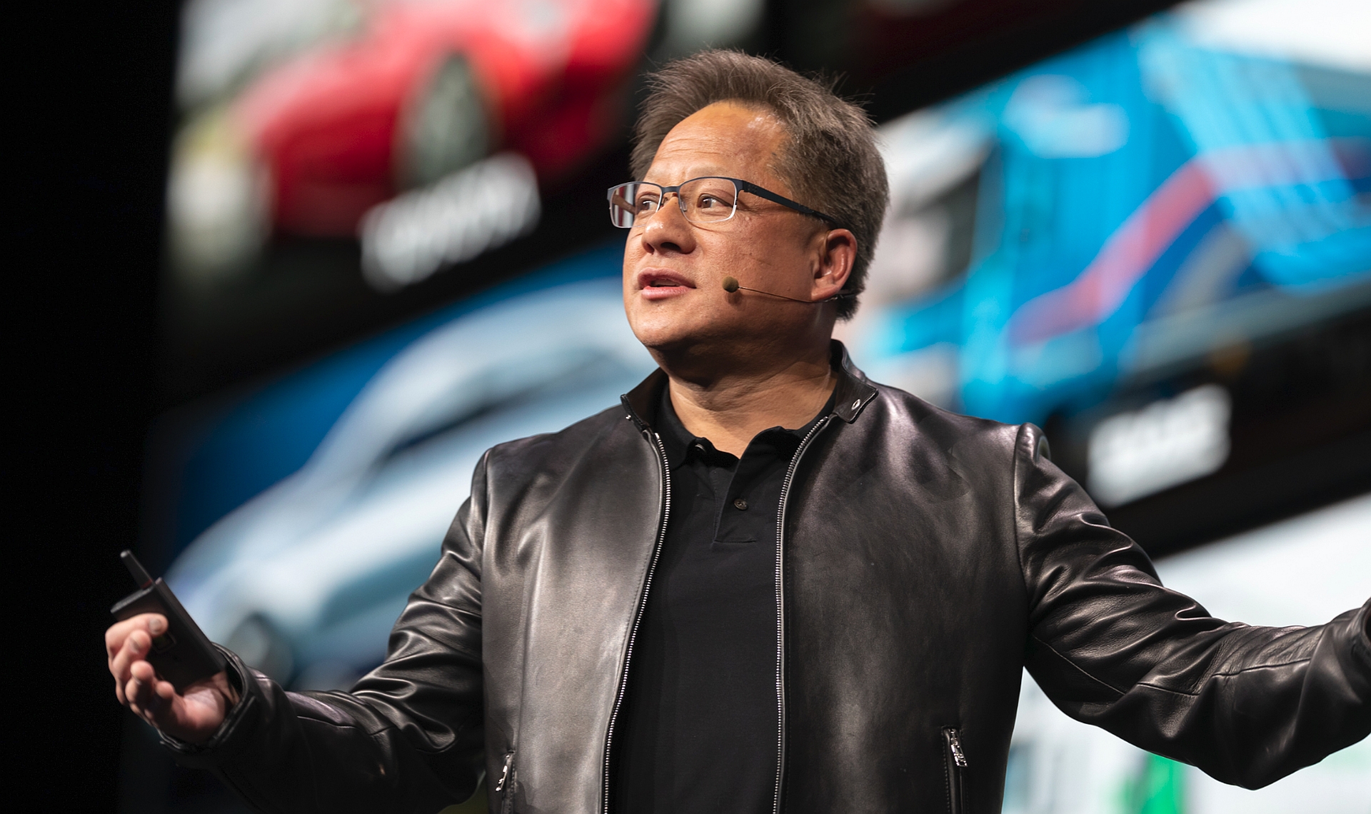 A modern graphic depicting NVIDIA CEO Jensen Huang in China, focusing on AI solutions, featuring tech-themed elements and a vibrant color palette.
