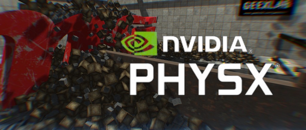 A modern and creative visual representation of NVIDIA PhysX open source technologies for game development, showcasing advanced physics simulations and dynamic effects.