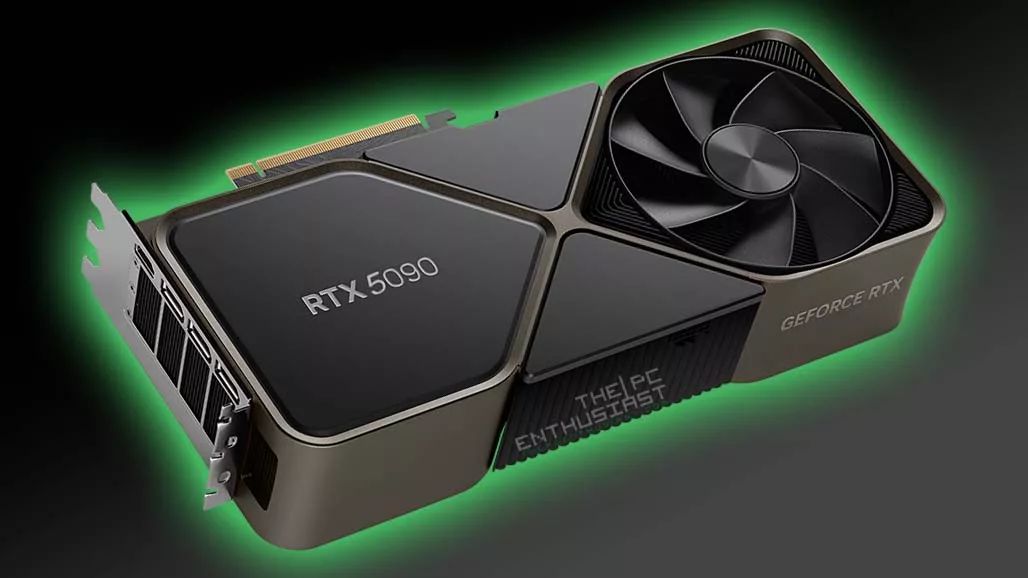 Artistic representation of the GeForce RTX 5090 fraud focused on the Micro Center incident, showcasing a technological aesthetic with elements of deception.
