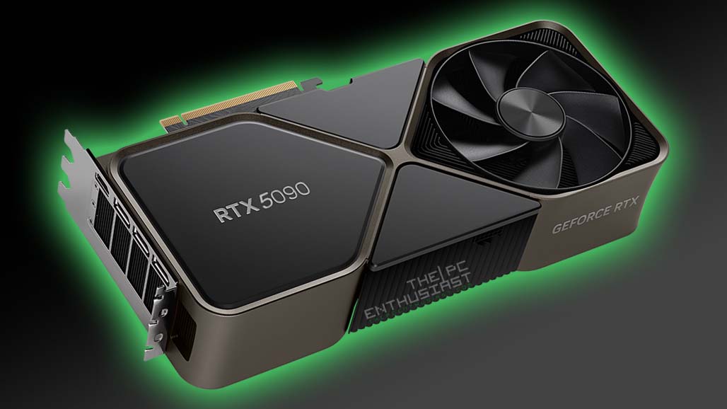 A digital illustration of the NVIDIA RTX 5090 graphics card with a fire risk warning, featuring a modern and aesthetic design.