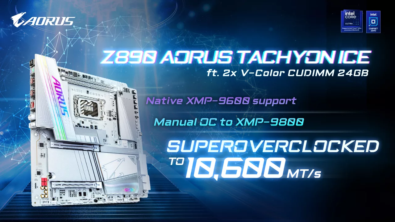 High-quality visual of the Gigabyte Z890 AORUS Tachyon ICE CAMM2 motherboard with RGB lighting and advanced cooling technology.