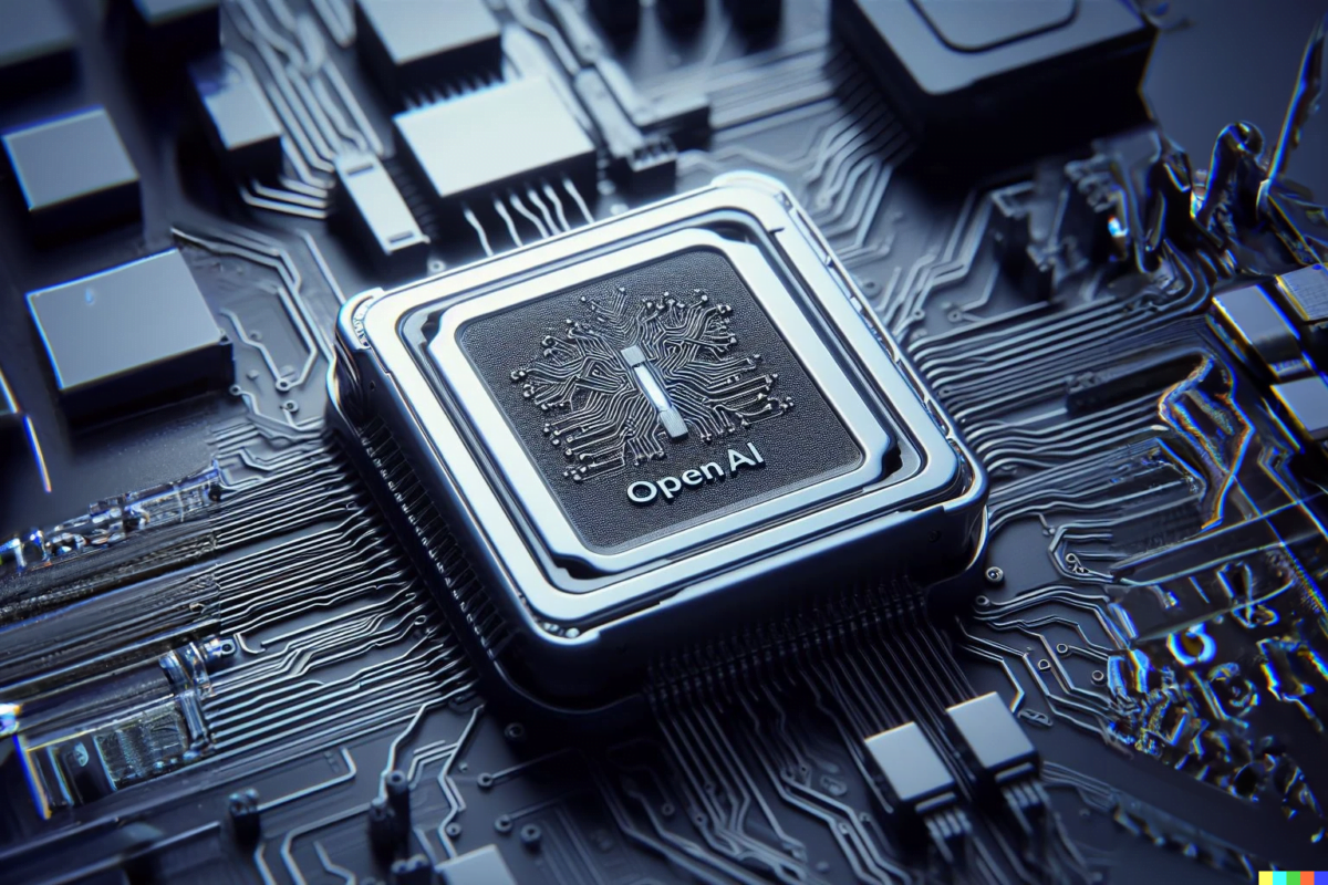 Futuristic AI chip design by OpenAI in a high-tech laboratory, showcasing advanced technology and innovation.