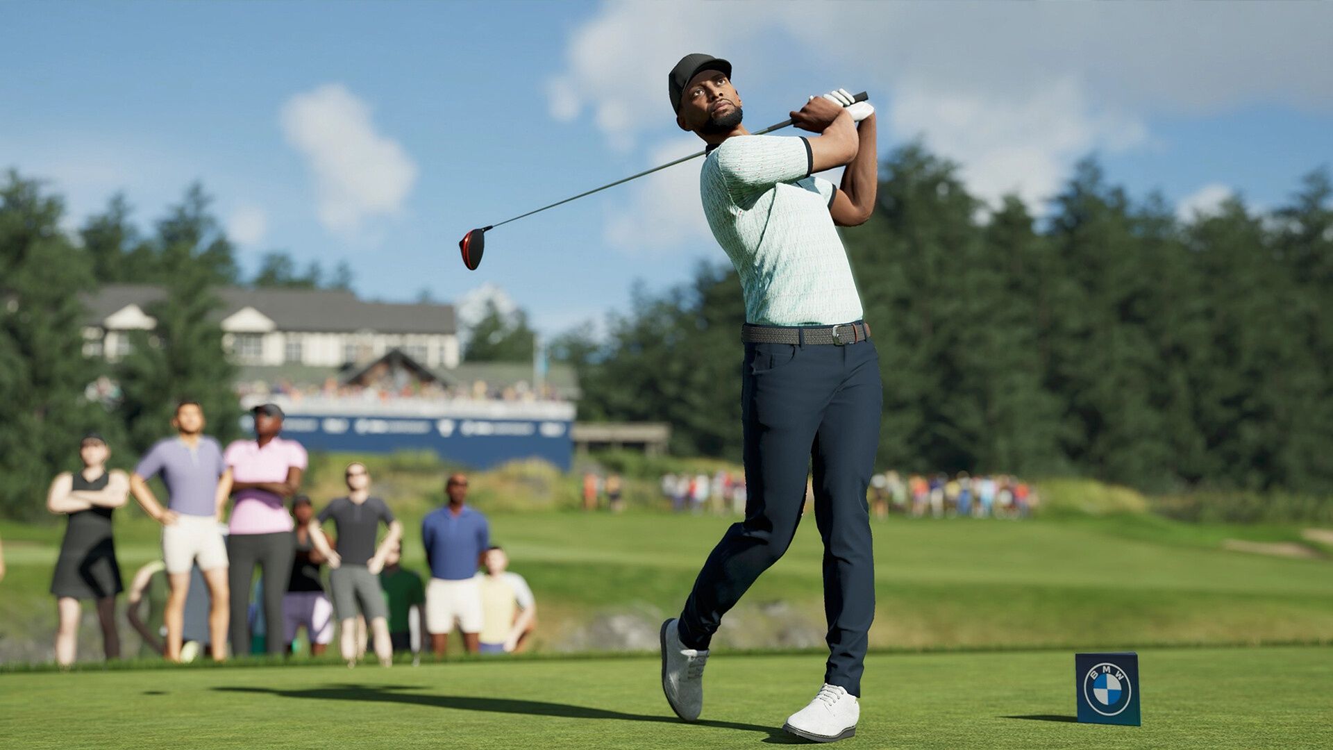 A modern graphic showcasing PGA Tour 2K25 with elements of technology and golf.