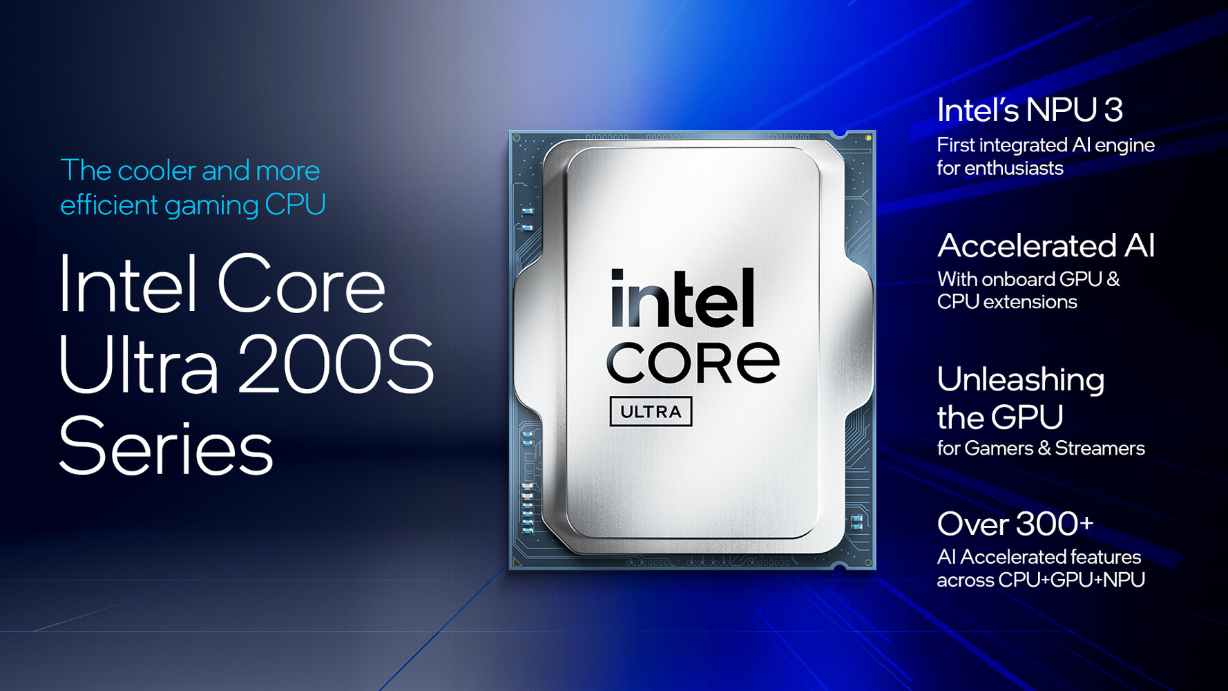 Digital artwork showcasing Intel Core Ultra 200S processor with a focus on technology and performance improvement.