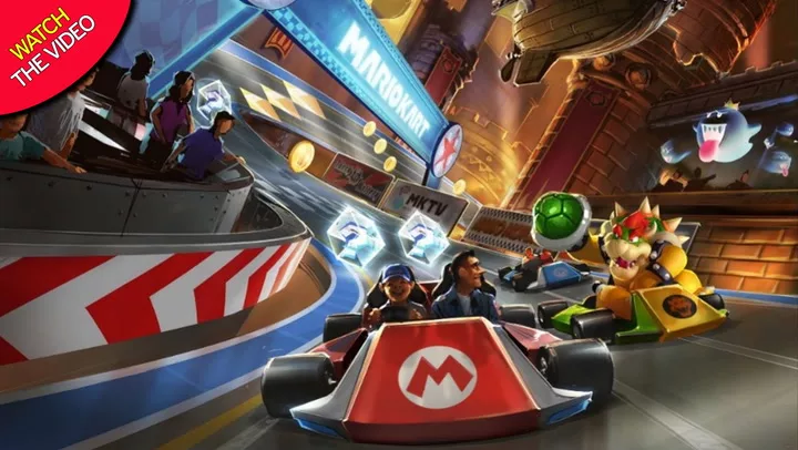 A modern artistic representation of Mario Kart World with elements of AI usage, perfect for social media and blog.