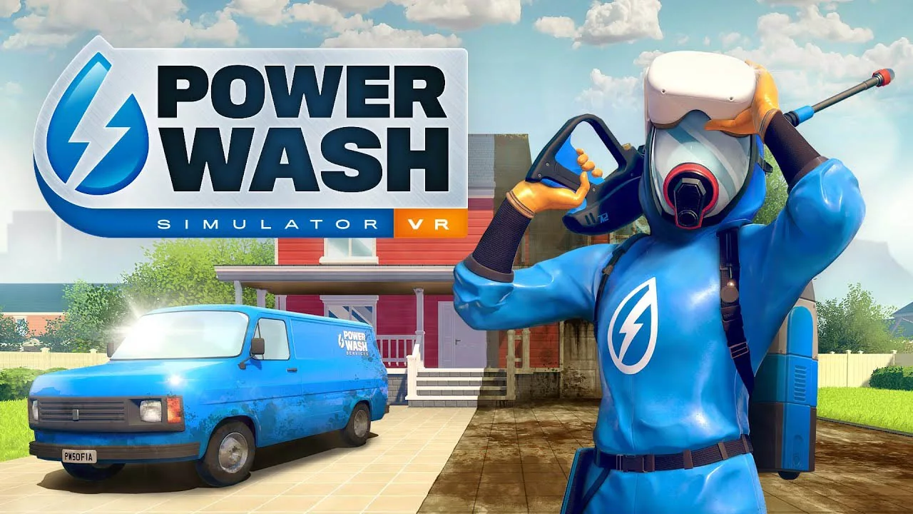 High-quality graphic design for PowerWash Simulator showcasing power washing in a clean and vibrant environment.