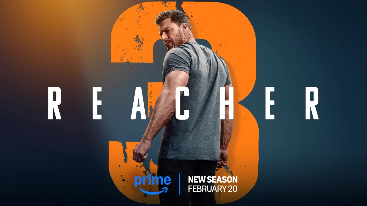 Promotional art for Reacher Season 3 featuring action and suspense elements.