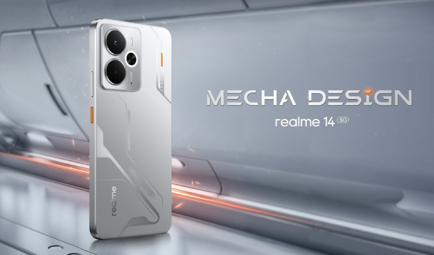A modern and aesthetic graphic design of the Realme 14 5G smartphone showcasing its features in a technological style.