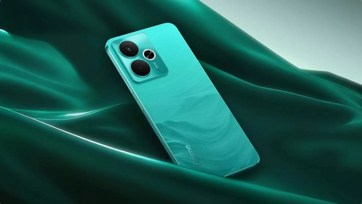 A modern and sleek digital art representation of Realme 14T and Samsung Galaxy A smartphones, symbolizing competition in technology.
