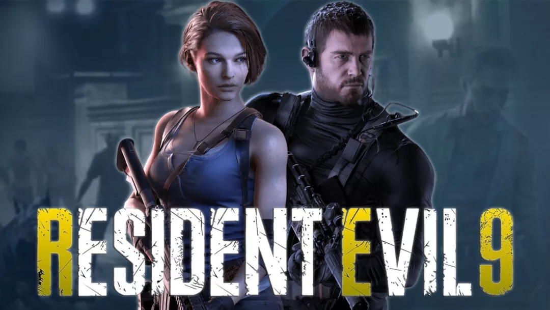 Promotional poster for Resident Evil 9, featuring a dark, atmospheric urban scene with neon lights and horror elements.
