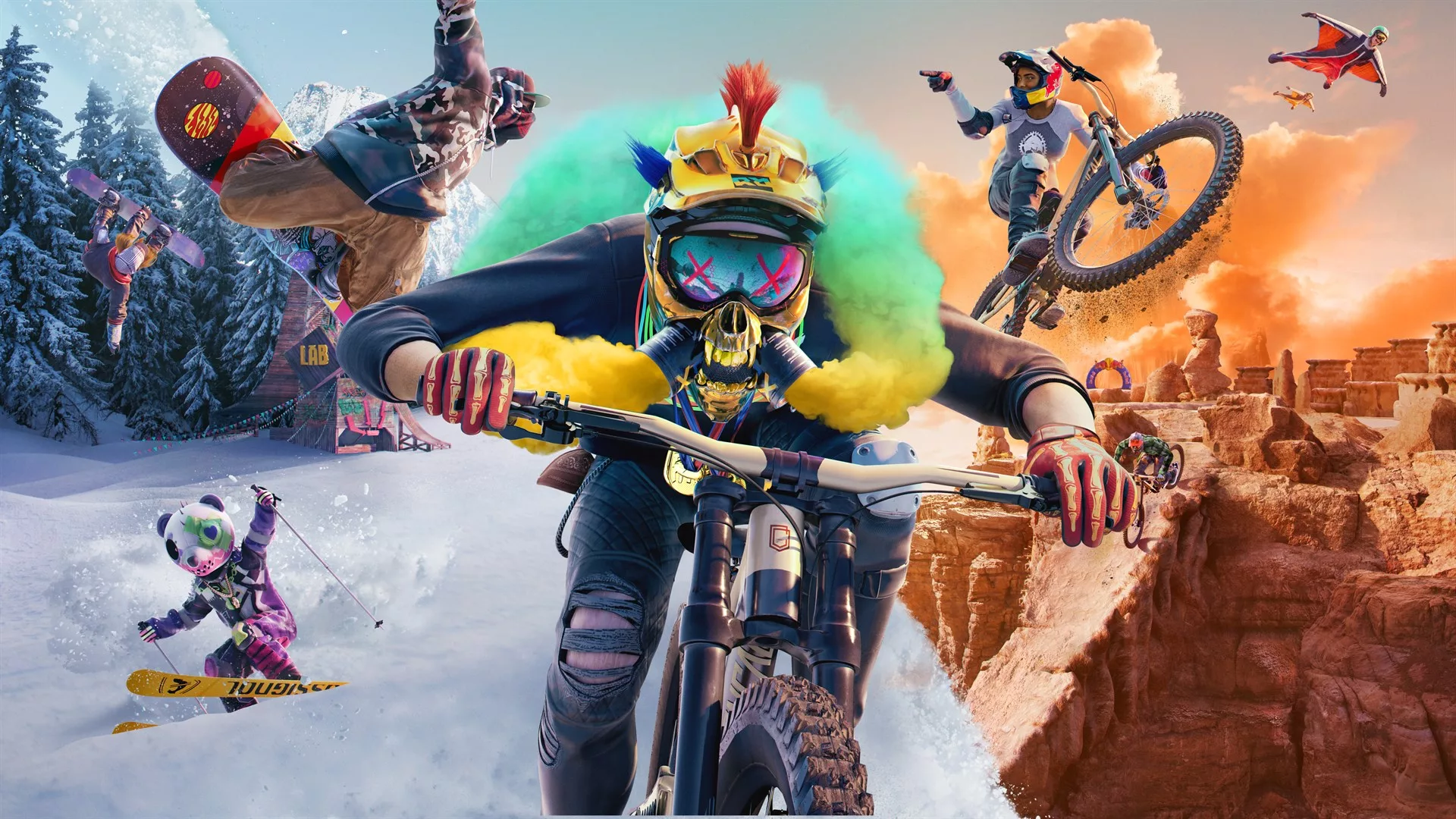 Dynamic digital artwork of extreme sports scene inspired by Ubisoft's Riders Republic, featuring athletes in action in a vibrant landscape.