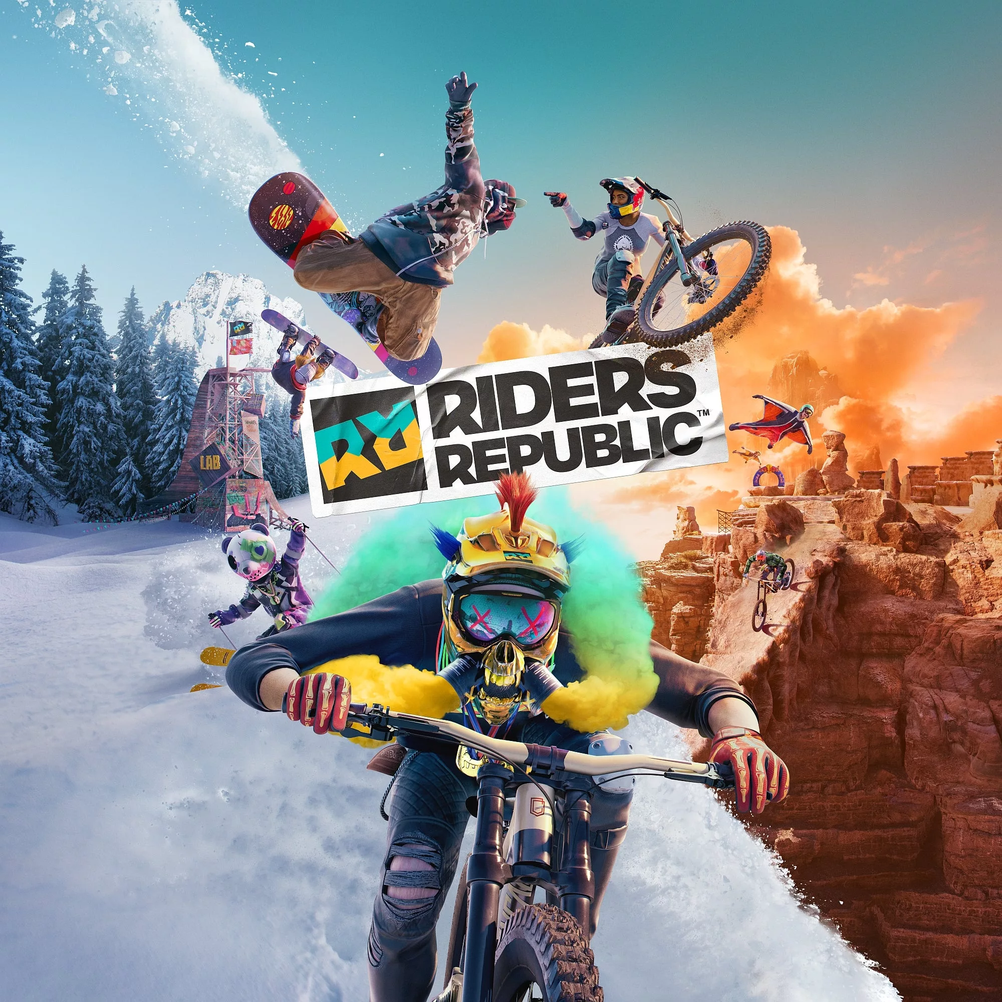 A vibrant and modern digital artwork representing Riders Republic and its association with Ubisoft, illustrating extreme sports and adventure in a creative and energetic style.