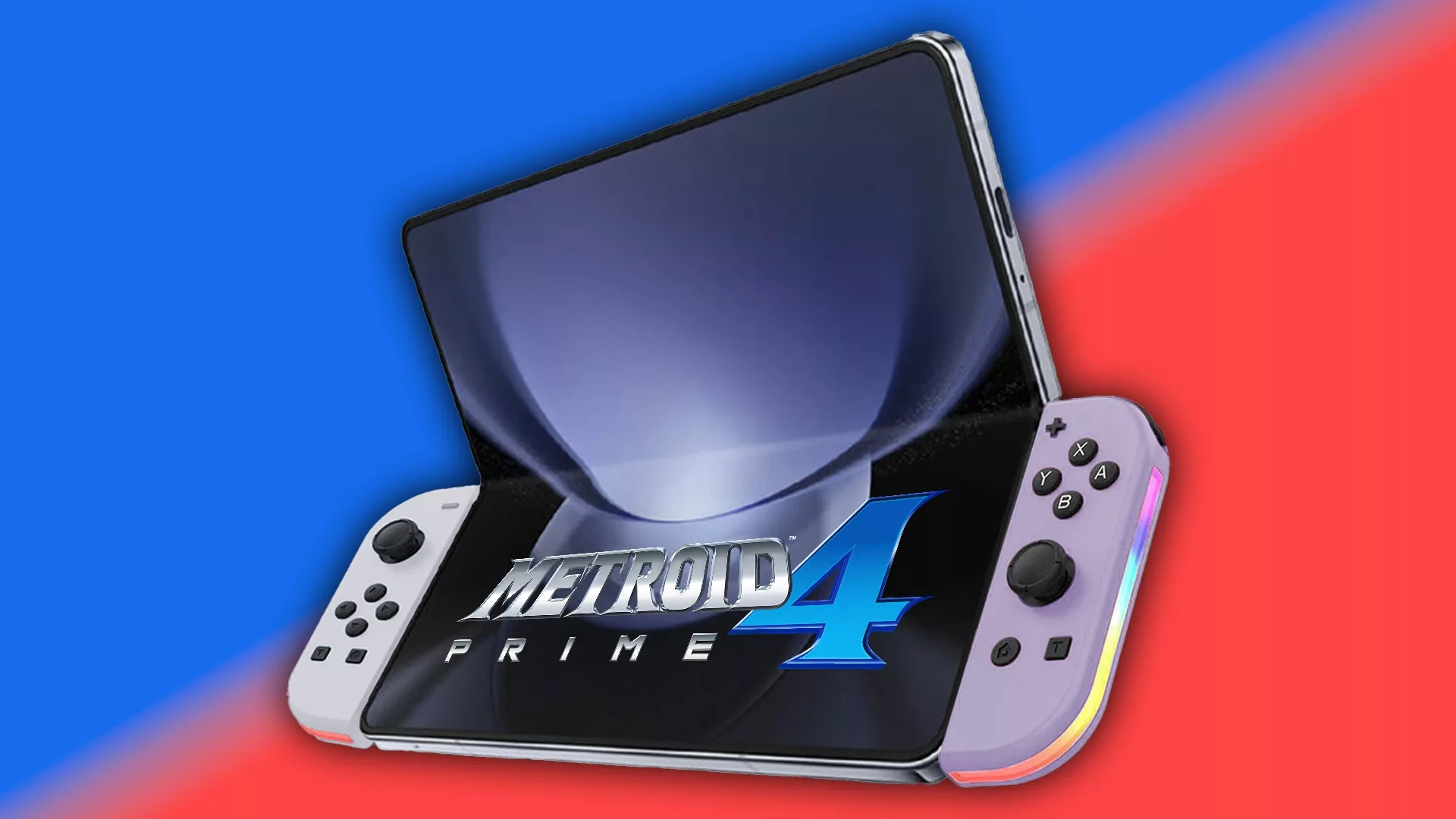 Concept art of Samsung and Nintendo collaboration for Switch 2 development, featuring a modern gaming console in a high-tech environment.