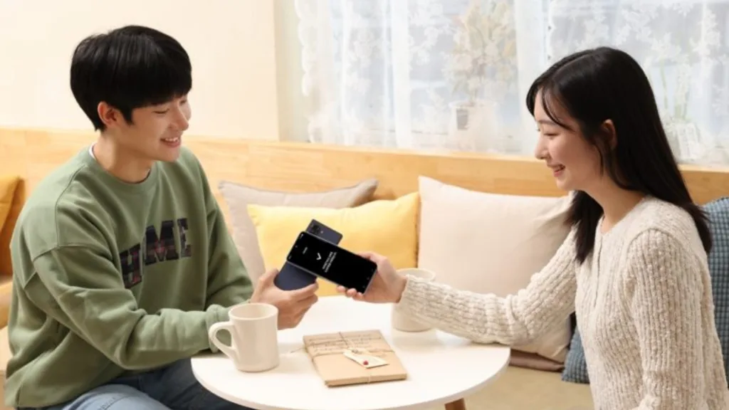 A modern and aesthetic visual representation of Samsung Tap to Transfer feature, showcasing seamless data transfer and money sending with vibrant technology-themed elements.
