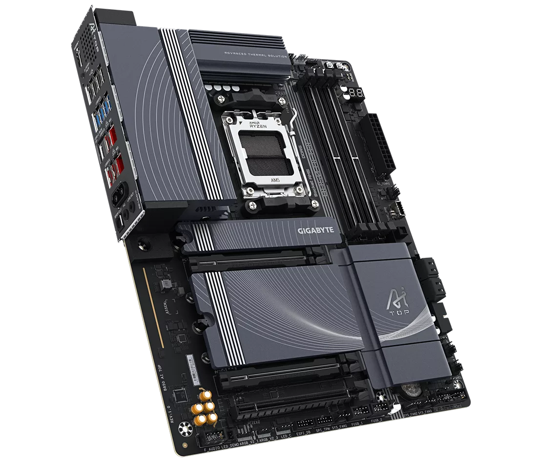 Visual representation of the Gigabyte AI TOP ATOM showcasing a modern era in AI hardware with a futuristic design.