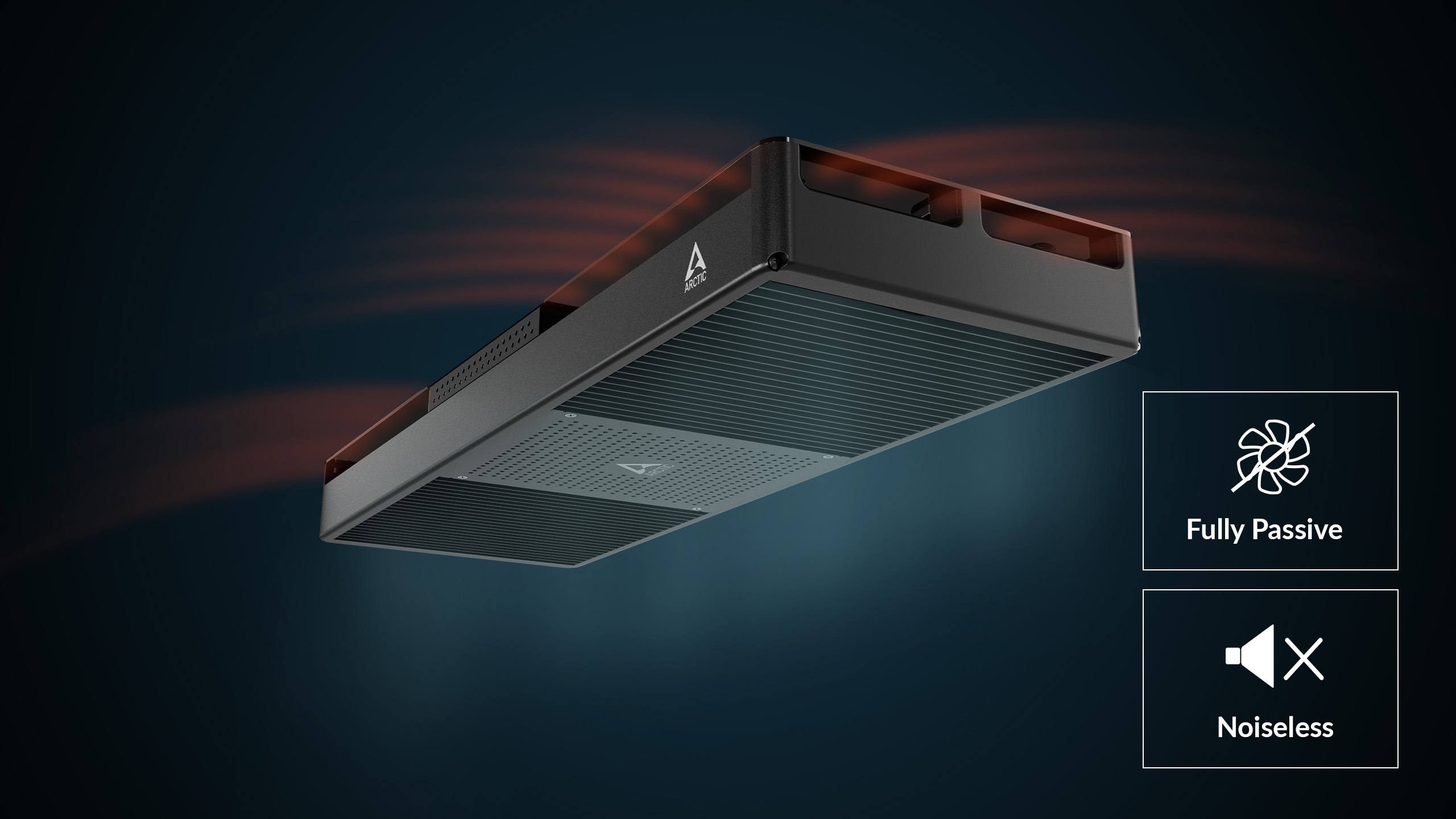 Modern ARCTIC Senza under-desk PC in a stylish workspace showcasing its compact and aesthetic design.