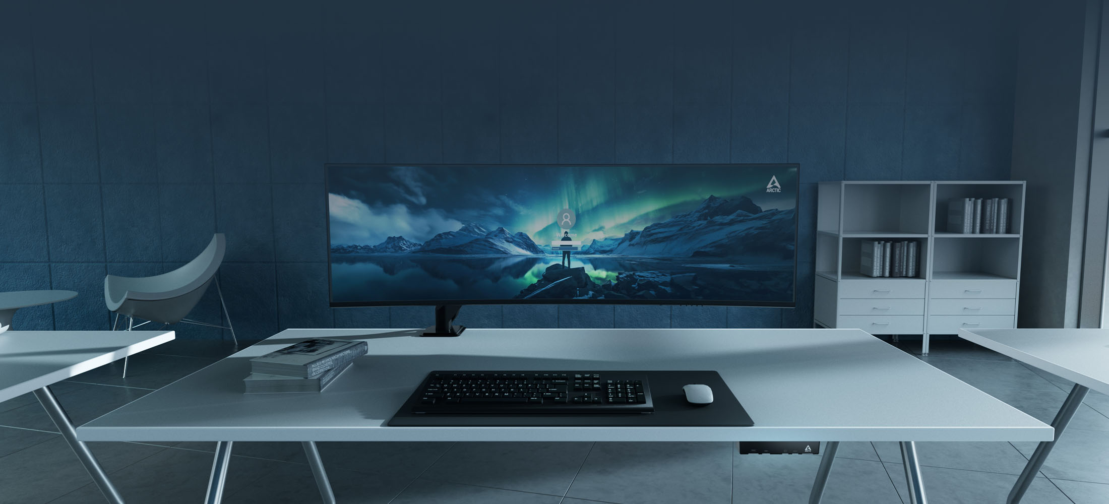 A modern ARCTIC Senza Alt-Masa PC showcased in a stylish minimalistic office environment.