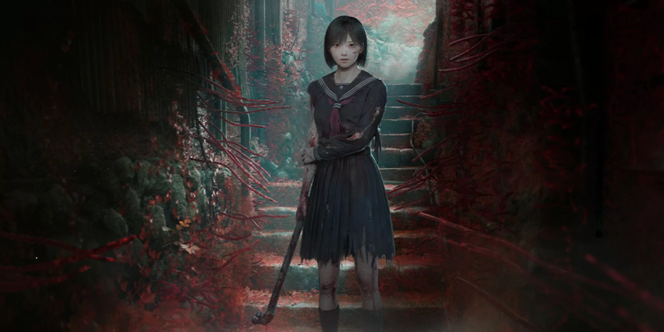 A haunting visual of Silent Hill F set in 1960s Japan, featuring fog, vintage buildings, and an eerie atmosphere.