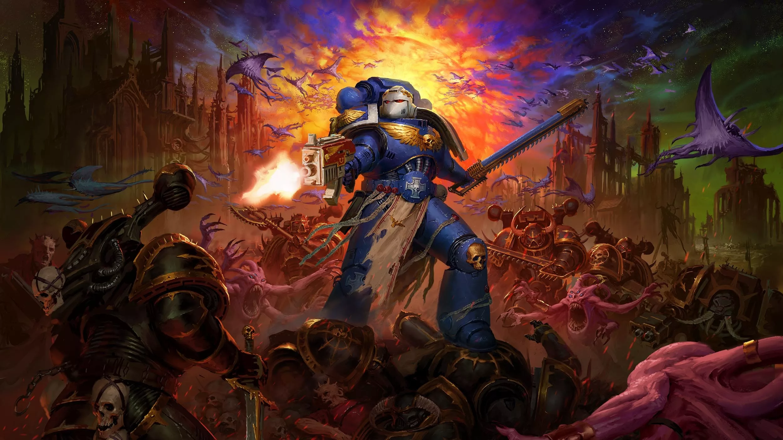 High-quality artistic representation of Warhammer 40,000: Space Marine and Master Crafted Edition, featuring futuristic Space Marines in battle.