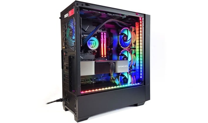 High-quality digital artwork of Maingear MG-1 gaming systems showcasing the RTX 5060 graphics card in a modern and aesthetically pleasing design.