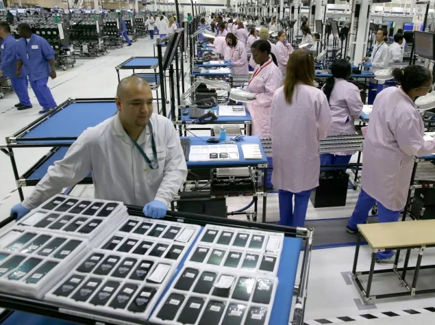 A sleek and modern illustration of Apple iPhone production with a focus on technology and Trump's impact on strategies.