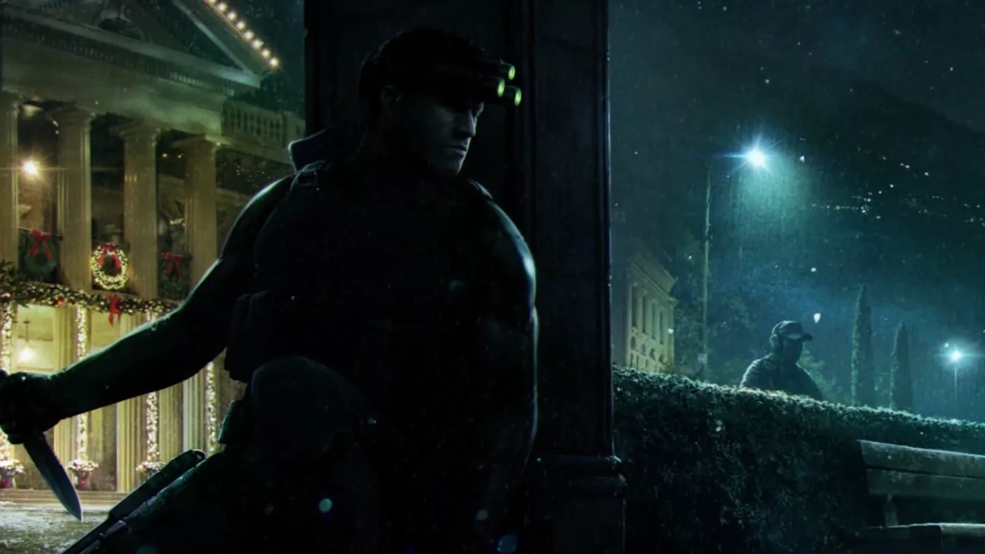 A modern and aesthetic visual representation of Splinter Cell Remake featuring Sam Fisher's night vision goggles and a high-tech atmosphere.