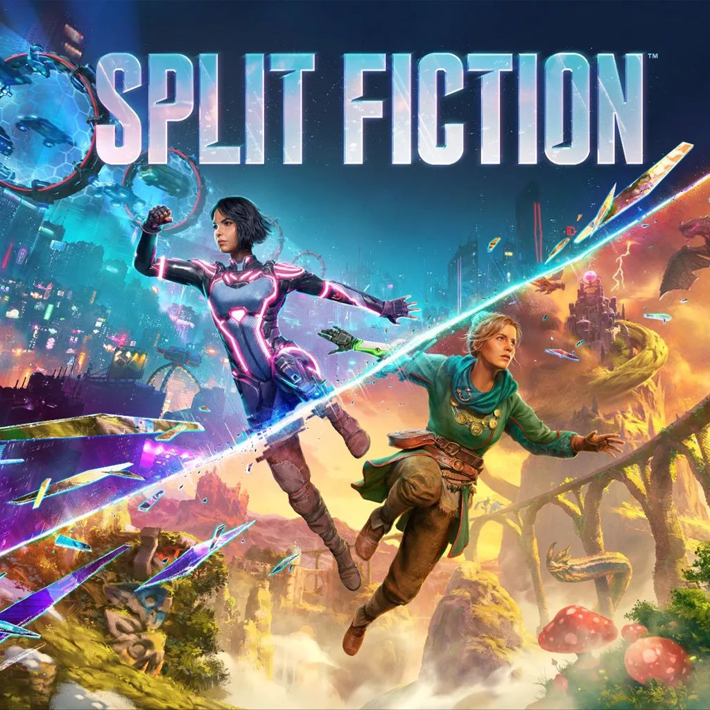 A modern aesthetic artwork inspired by the film Split Fiction featuring Sydney Sweeney and Jon M. Chu in a surreal futuristic setting.