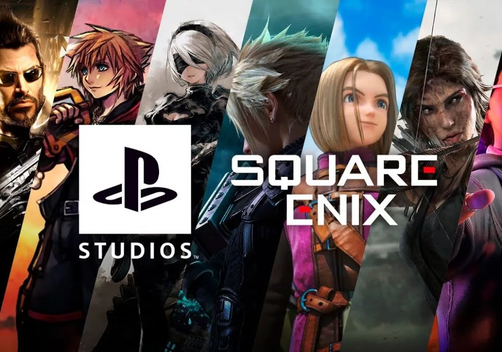 Modern artwork illustrating a partnership between Square Enix and TBS for a new game development, featuring futuristic technology and dynamic characters.