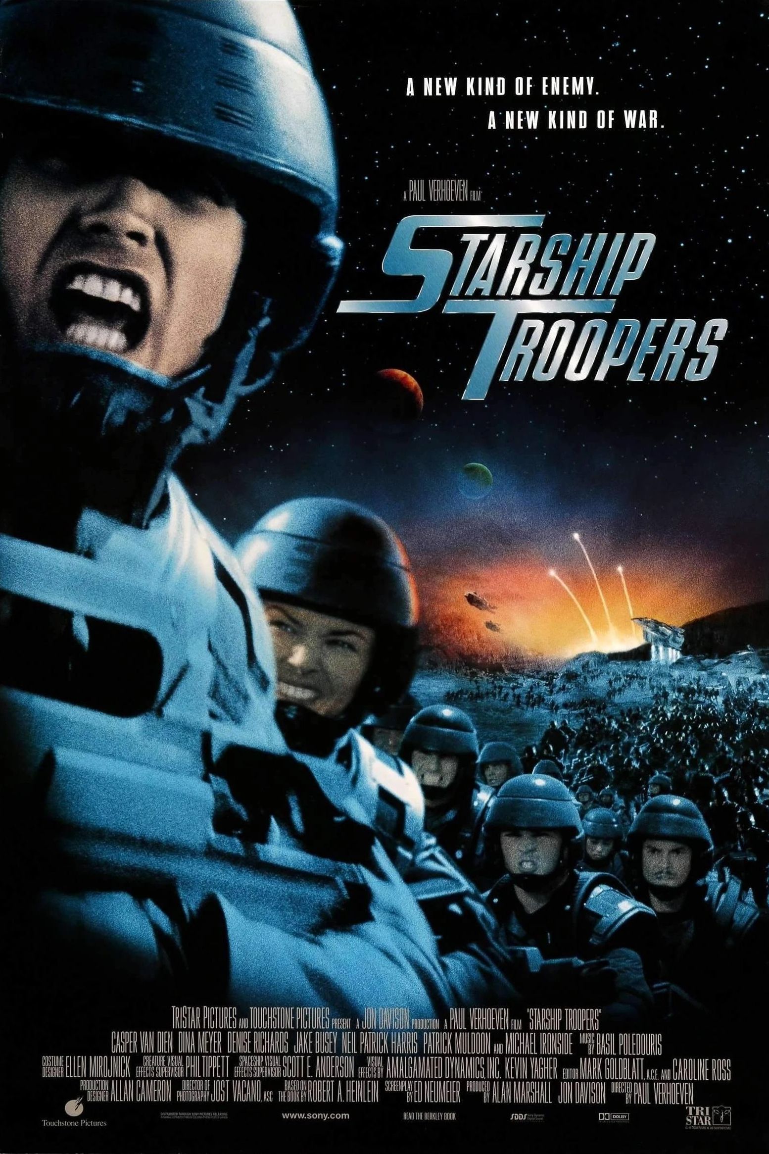 A modern digital artwork depicting futuristic soldiers in a battle against alien arachnids, inspired by Starship Troopers.